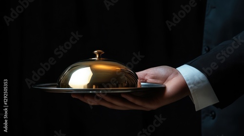Waiter presents golden cloche, dark background, fine dining, menu reveal