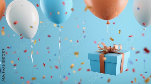 Gift box floats, balloons, confetti, blue backdrop, celebration