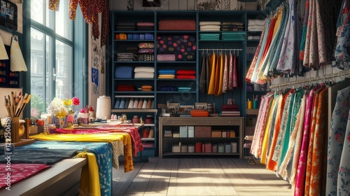 Sunny Fabric Shop Interior Colorful textiles displayed, crafting supplies, window light, vintage decor, e-commerce
