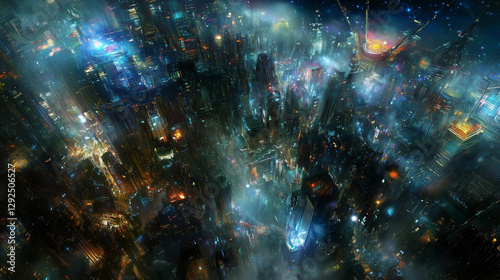 Futuristic Cityscape with Neon Lights Background

