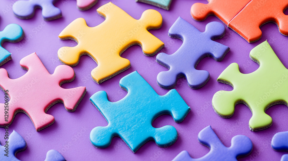 Isometric puzzle pieces on purple background. Concept of teamwork, communication, problem or challenge solution. Vector 3d illustration of unfinished colorful jigsaw game Isometric puzzle pieces on purple background. Concept of teamwork, communication, problem or challenge solution. Vector 3d illustration of unfinished colorful jigsaw game