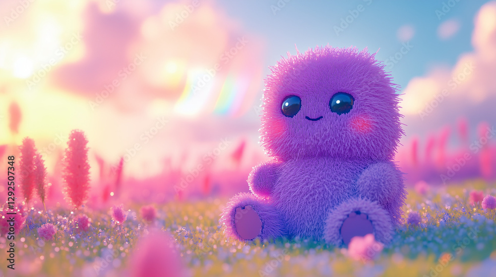 Fototapeta premium A voxel monster with a fuzzy purple body, wide eyes, and a little pink nose