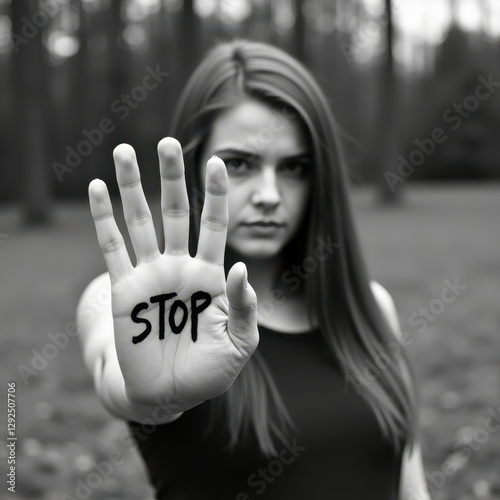 A determined woman with long hair holds up her hand, the word 