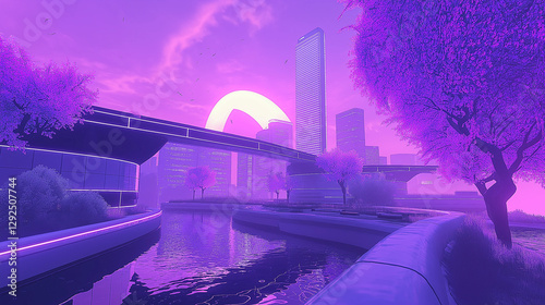 Futuristic Urban Landscape in Neon Purple Background
