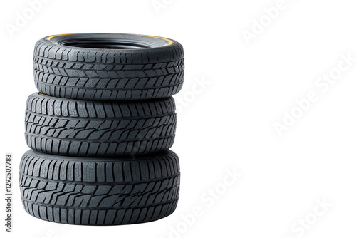 Stack of three black tires with textured tread patterns on a transparent background, suitable for automotive designs or tire shop promotions