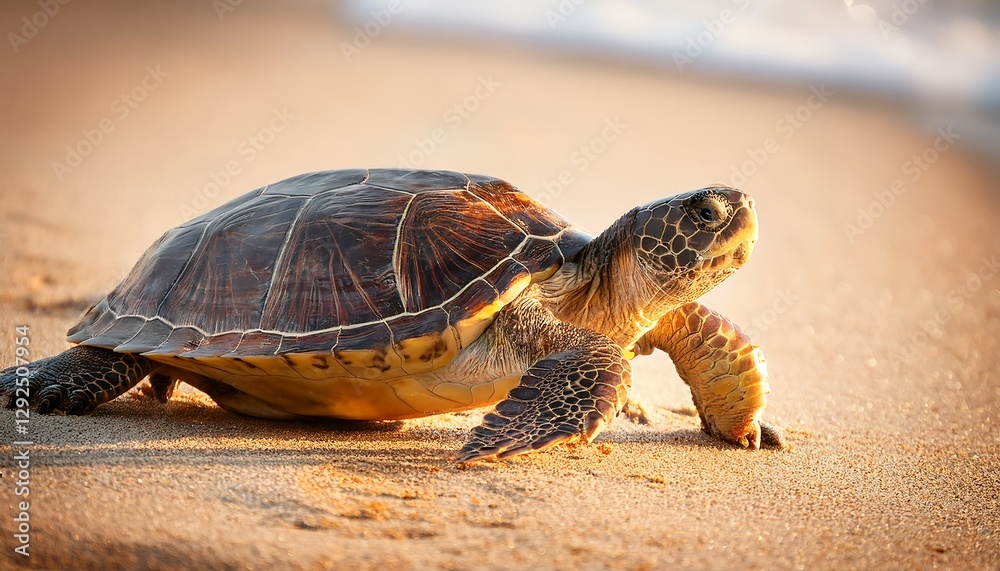 Fototapeta premium A turtle strolling along a sunlit sandy beach, its shell glistening under the warm rays