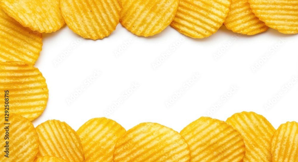 Crispy potato chips, golden yellow, ridged texture, close-up photography, white background, snack food, crunchy, salty Crispy potato chips, golden yellow, ridged texture, close-up photography, white background, snack food, crunchy, salty