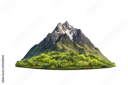 Majestic mountain with lush greenery and snow-capped peaks set against a transparent background showcasing natural beauty