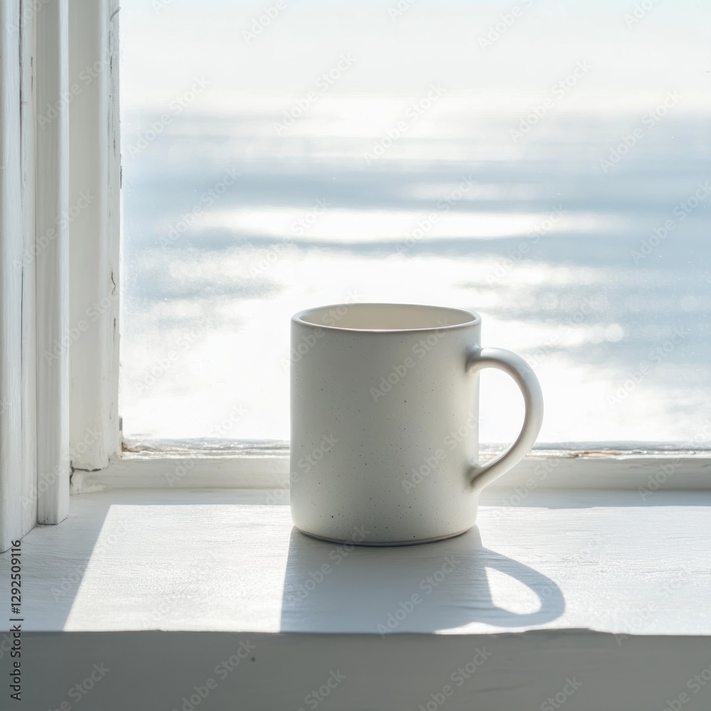 Obraz premium Coastal view mug on windowsill