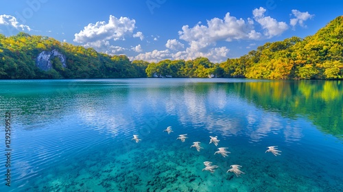 Birds Flying Over a Calm Tropical Lake Under a Bright Sunny Sky