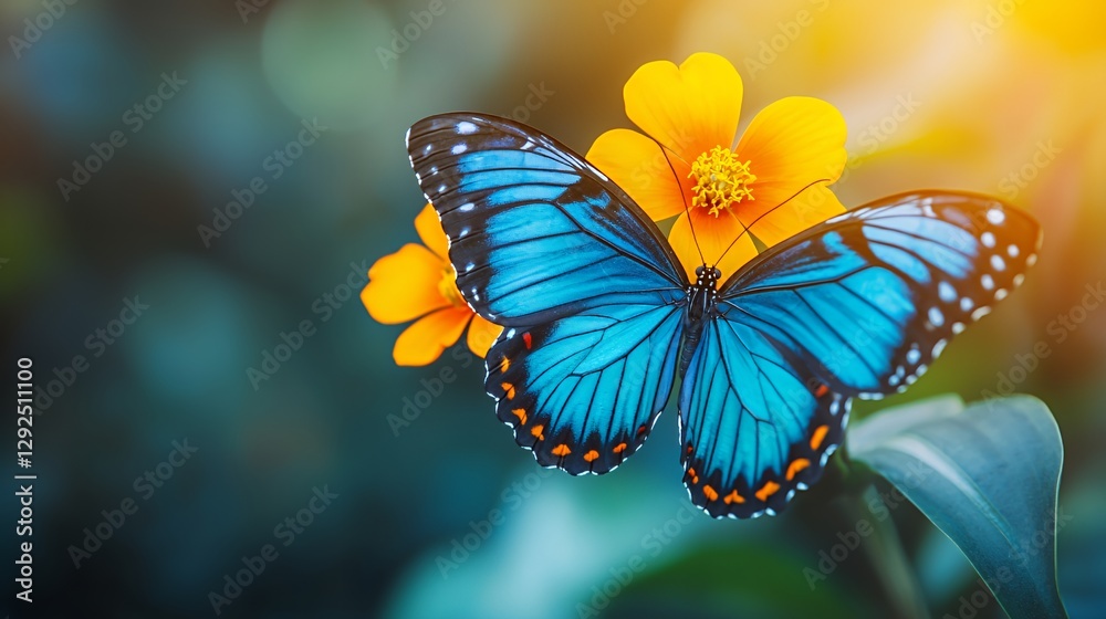 Naklejka premium Blue Butterfly on Orange Flower in Lush Garden