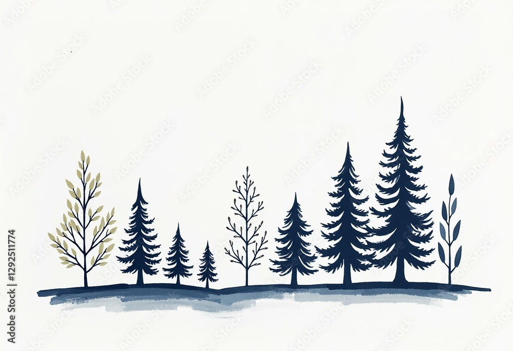 Obraz premium Nature-Inspired Hand-Drawn Tree and Leaf Vector: Bold Navy Ink on Light Gray for Artistic Prints, Calming Wall Art, and Elegant Botanical-Themed Projects, Eco-Friendly Designs.