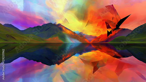 Abstract Colorful Mountain Lake Reflection Background
