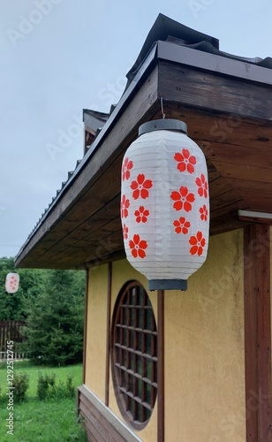 Asian style red paper lantern lamps hanging on ceiling