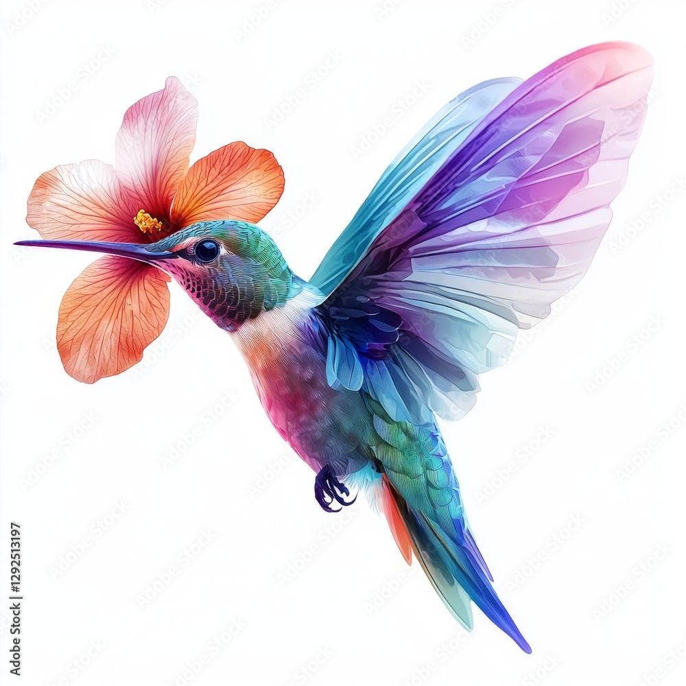Obraz premium Vibrant Hummingbird Hovering Near Colorful Flower in Artistic Style with Delicate Wings and Brilliant Plumage