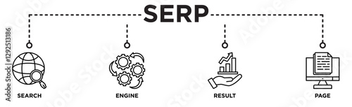 SERP banner web icon vector illustration concept for search engine result page with icon of web search, computer, search engine, mobile search, page result, and statistics graph