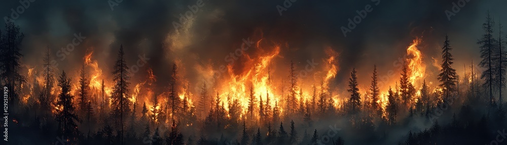 Fototapeta premium Dramatic Forest Fire with Intense Flames and Smoke in Dense Woodland at Dusk