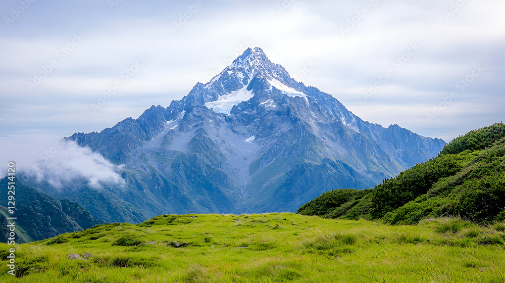 Fototapeta premium Majestic snow-capped mountain peak, scenic valley, clouds, green pasture. Ideal for travel brochures