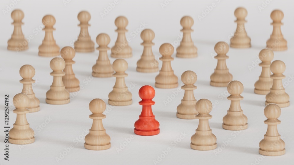 Leadership concept, red pawn of chess, standing out from the crowd of pawns.Leadership with business success concept. Made and rendered in C4D, not AI. Leadership concept, red pawn of chess, standing out from the crowd of pawns.Leadership with business success concept. Made and rendered in C4D, not AI.