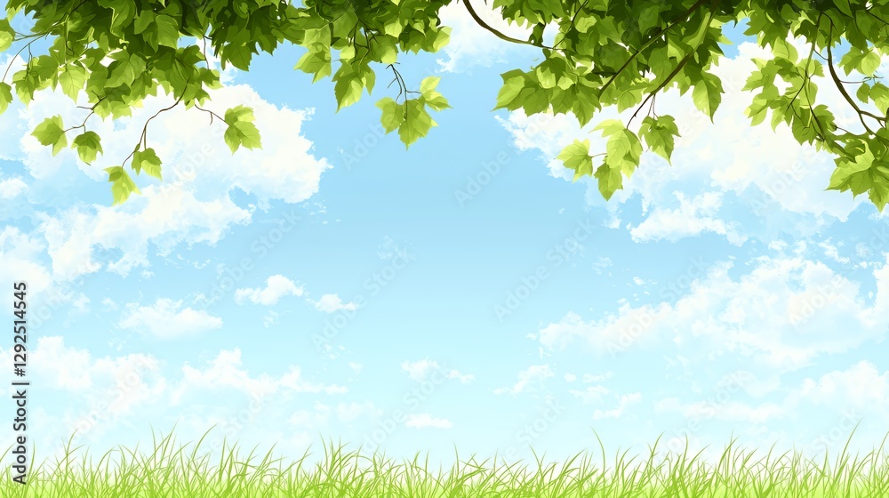 Fototapeta premium Bright Blue Sky with Fluffy White Clouds and Green Grass