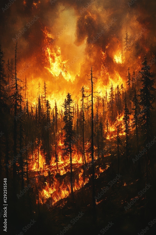 Intense Forest Fire with Towering Flames Engulfing Trees in a Dramatic Display of Nature's Power and Destruction Intense Forest Fire with Towering Flames Engulfing Trees in a Dramatic Display of Nature's Power and Destruction