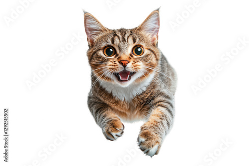 Cute playful cat with vibrant eyes actively jumping against a transparent background, showcasing its joyful expression and furry coat in an engaging moment
