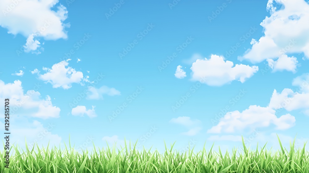 Bright Blue Sky with Fluffy White Clouds Over Lush Green Grass Bright Blue Sky with Fluffy White Clouds Over Lush Green Grass