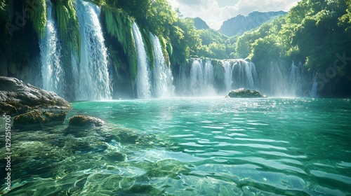 Serene Waterfall Cascading into a Turquoise Pool in Lush Jungle