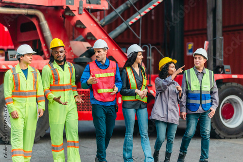 Team of Workers Walking and Talking in a Container Yard photo