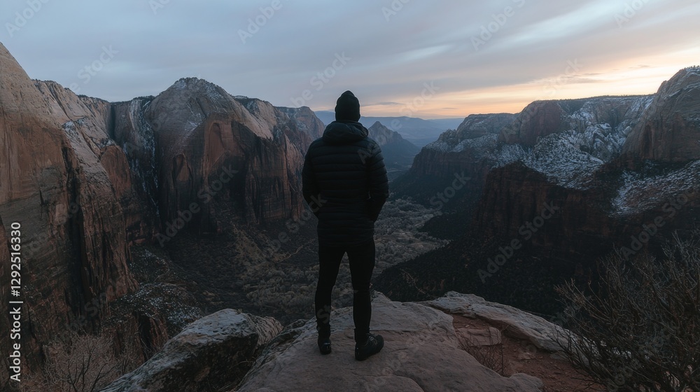 Fototapeta premium Majestic Mountain View - Traveler Admiring Breathtaking Valley From Summit