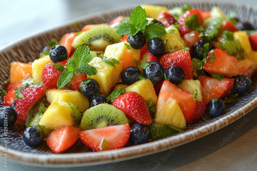 Fresh Fruit Salad with Strawberries, Kiwi, Pineapple, and Blueberries Garnished with Mint on a Decorative Plate Fresh Fruit Salad with Strawberries, Kiwi, Pineapple, and Blueberries Garnished with Mint on a Decorative Plate