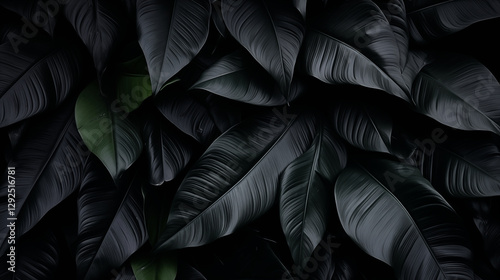 Textures of abstract black leaves for tropical leaf background. Flat lay, dark nature concept, tropical leaf
