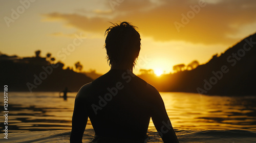 Surfer Watching Sunset on Calm Ocean

