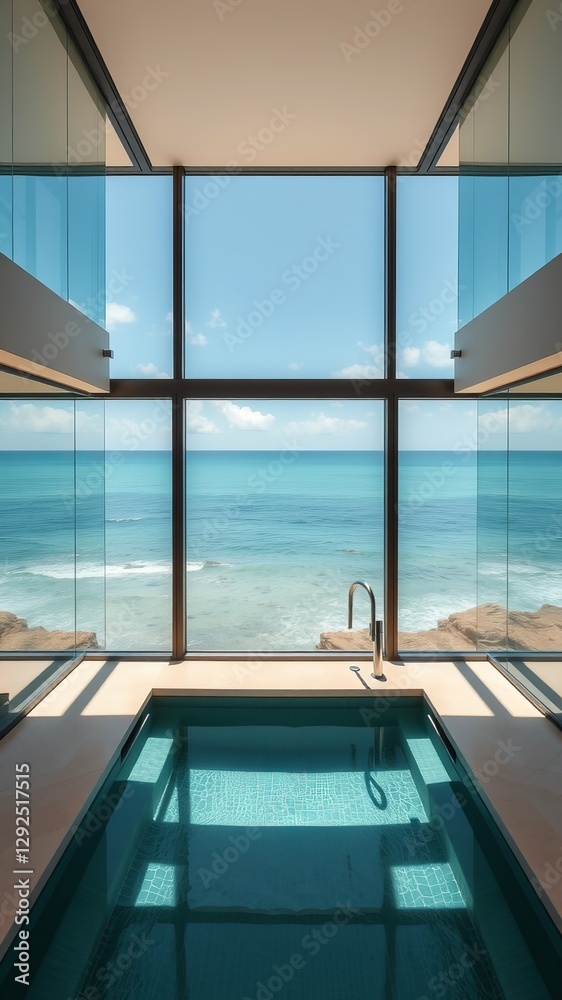 Fototapeta premium Luxurious Outdoor Swimming Pool Overlooking Breathtaking Ocean View Surrounded by Tropical Paradise