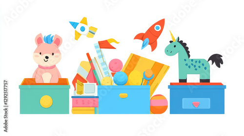 Toy boxes set isolated on white background. Vector cartoon illustration of plastic container with ball, rocket, teddy bear, horse, unicorn, doll, dinosaur, book, early education, kids room items