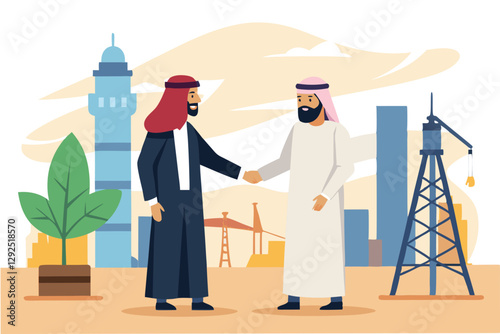Collaboration between two businessmen in traditional attire shaking hands against a desert landscape during sunset