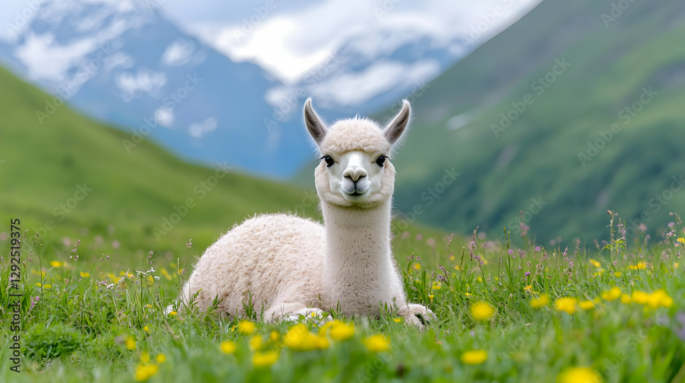 Naklejka premium Alpaca resting in alpine meadow, mountains backdrop