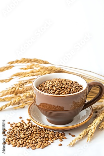 Classic coffee cup paired with grains on a clean white backdrop  

