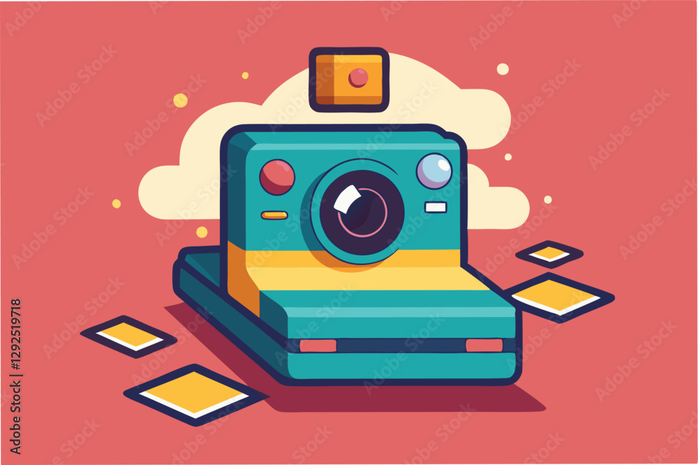 Fototapeta premium Colorful retro camera illustration showcasing a playful design with geometric shapes in a vibrant backdrop, capturing the essence of nostalgia in photography