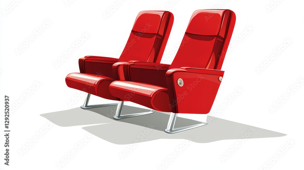 Obraz premium Cinema red armchair isometric icons with shadow cartoon vector illustration isolated on white background. Movie industry element, spectator chair, audience seat theater or cinema hall
