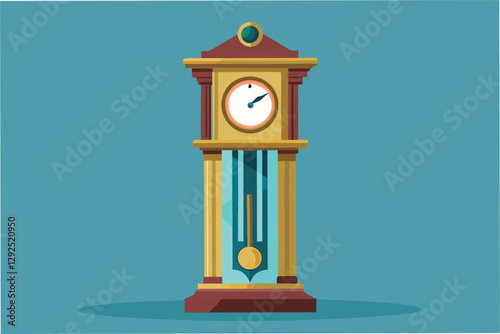 Vintage clock stands tall with intricate details and vibrant colors set against a blue background with clouds in a serene environment