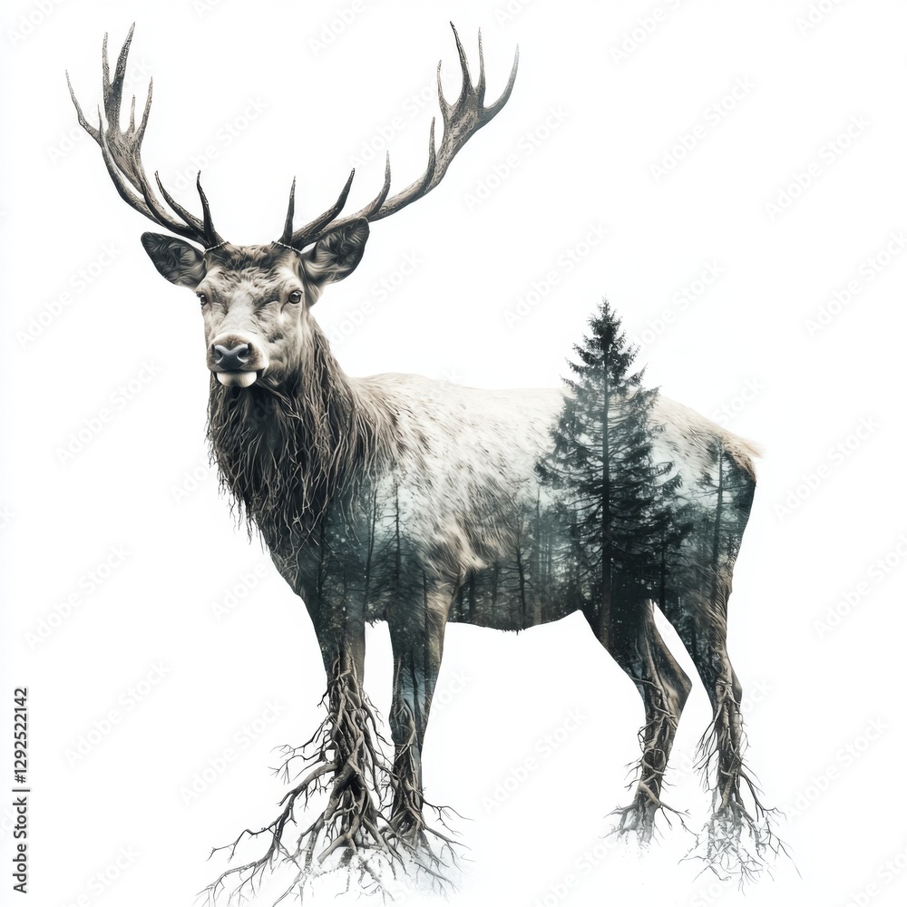 Obraz premium Majestic stag with a forest silhouette, merging nature and wildlife in a stunning artistic representation for creative projects