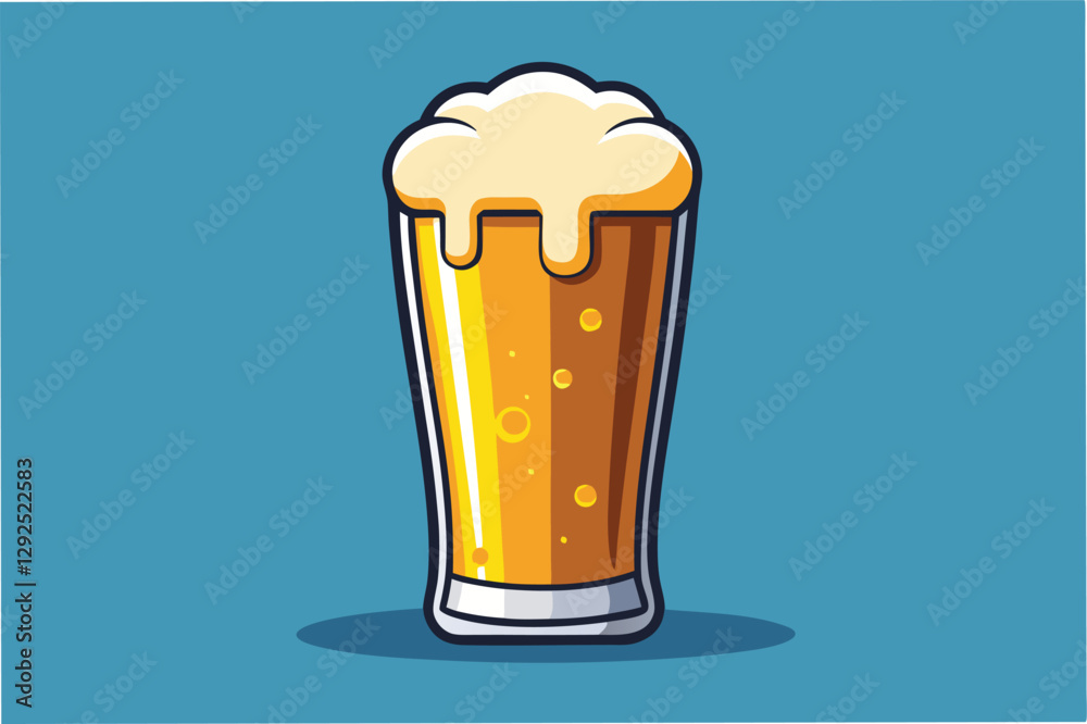 Brightly colored illustration of a full beer glass with frothy head on a blue background showcasing a refreshing beverage in an artistic style Brightly colored illustration of a full beer glass with frothy head on a blue background showcasing a refreshing beverage in an artistic style