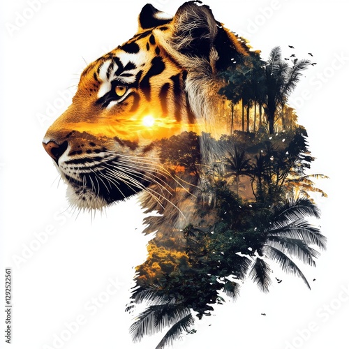 Majestic Tiger Silhouette Merging with Lush Tropical Landscape at Sunset, Vibrant Colors of Nature and Wildlife