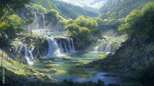 Serene Waterfall Landscape in Lush Green Valley