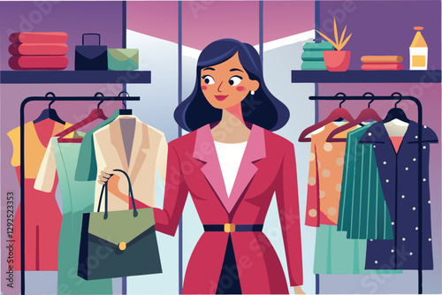 Woman shopping for clothes in a vibrant boutique with a variety of colorful garments on display, during daylight hours in a modern urban setting