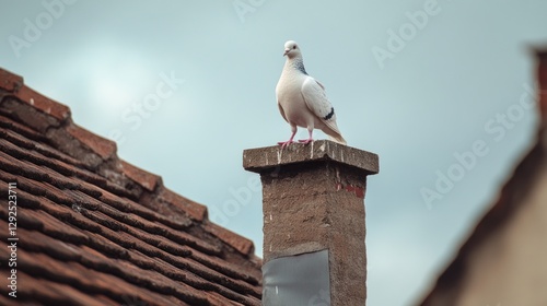 White pigeon perched on a rooftop chimney.
