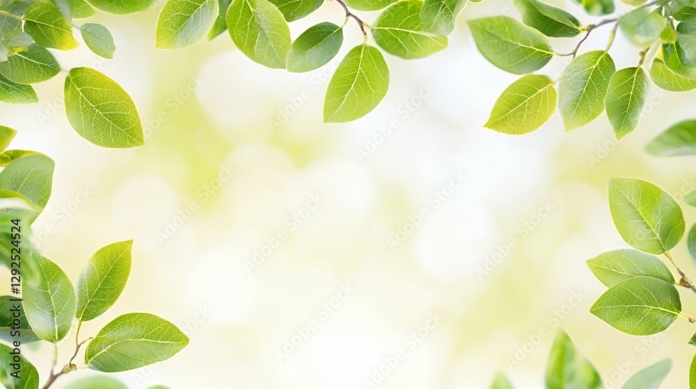 Bright Green Leaves Frame on Soft Focus Background