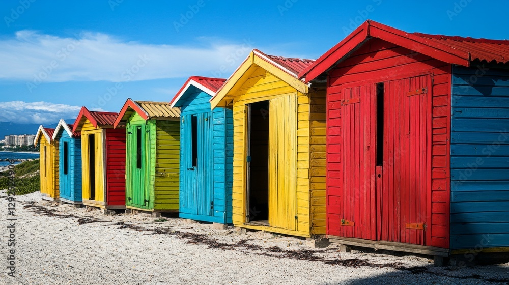 Vibrant Beach Huts Lining Sandy Shore on a Sunny Day