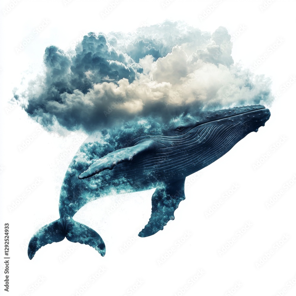 Obraz premium Majestic blue whale swimming through ocean clouds with dramatic sky, representing surreal perspective and marine beauty